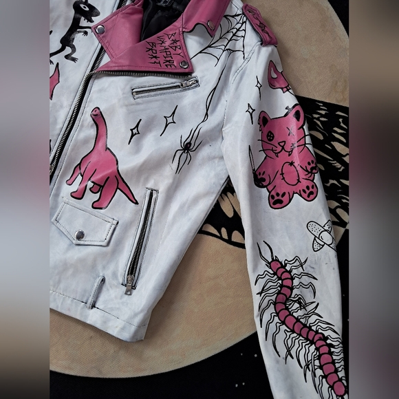 SOLD @MARKET Fun kawaii goth custom hand painted OOAK faux leather jacket - Picture 8 of 15